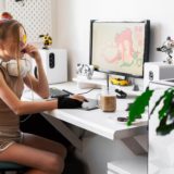 Woman using fiber internet in home office