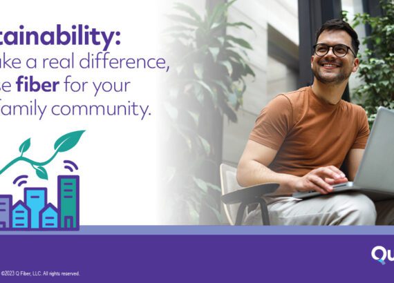 Sustainable fiber header ad for Quantum Fiber featuring a young man.
