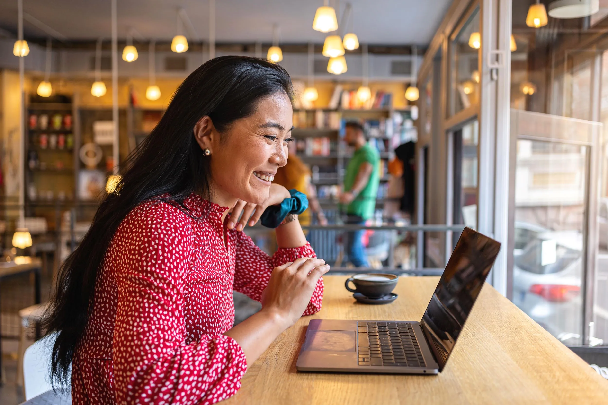 Women using free public WiFi