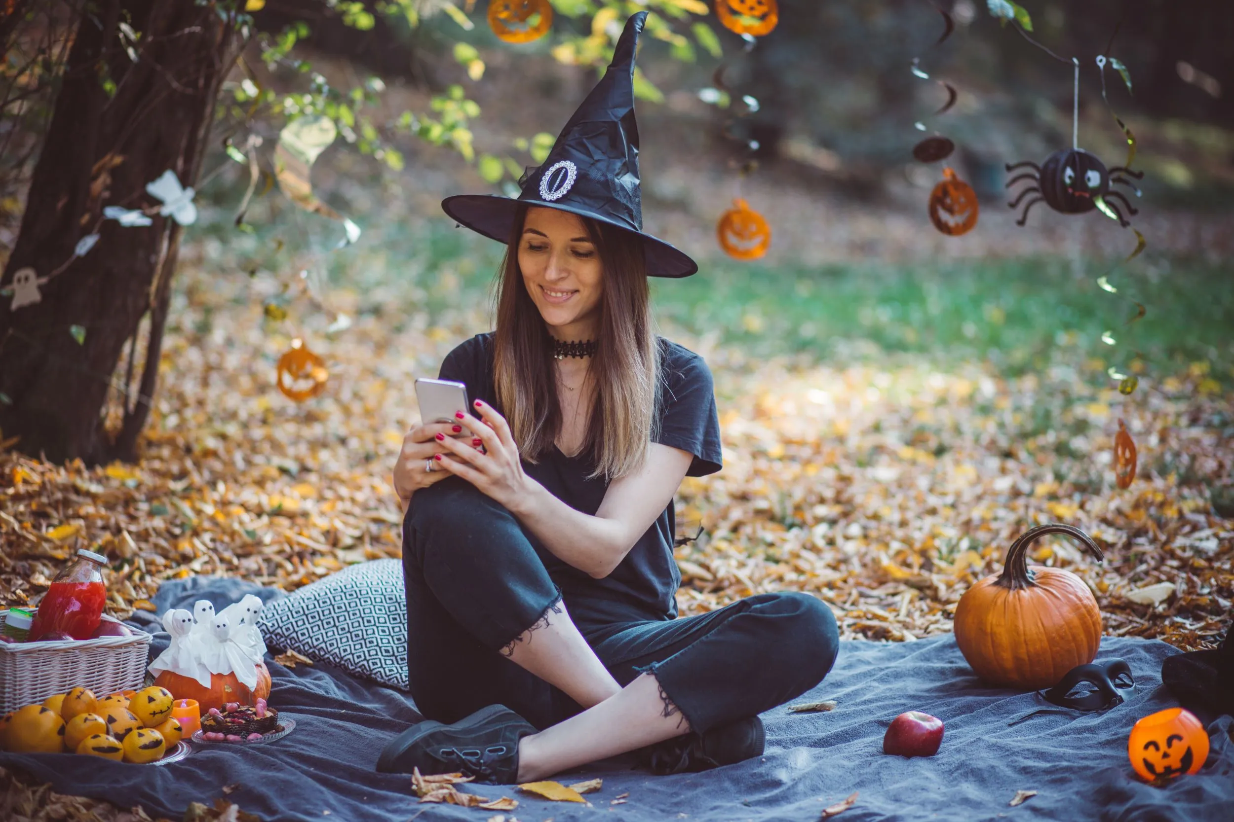 Witch on picnic blanket browsing the internet on their mobile phone