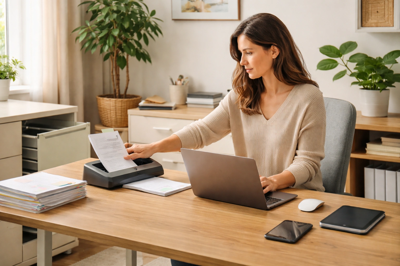 Person scanning documents in a modern home office transitioning to a paperless workspace