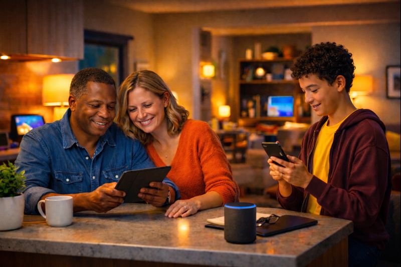 A family using connected devices at home with a smart speaker on the table during a relaxed evening.