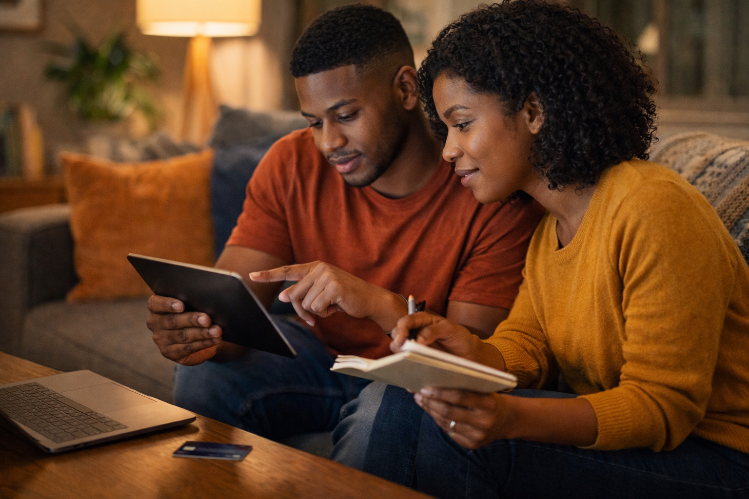 Married couple reviewing digital subscriptions together on a tablet at home