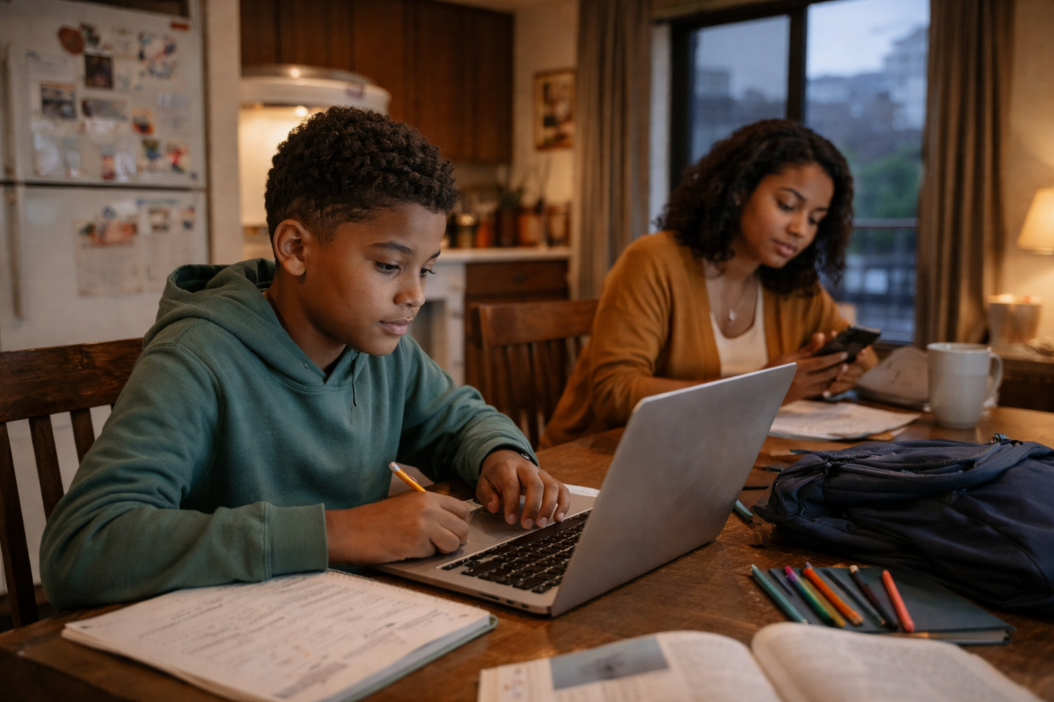 A student working on homework at a kitchen table using a laptop while a caregiver sits nearby in an urban home