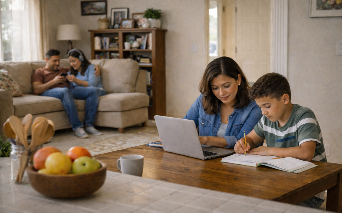 A mother and son studying at a dining table while a father and daughter relax together in a connected family home