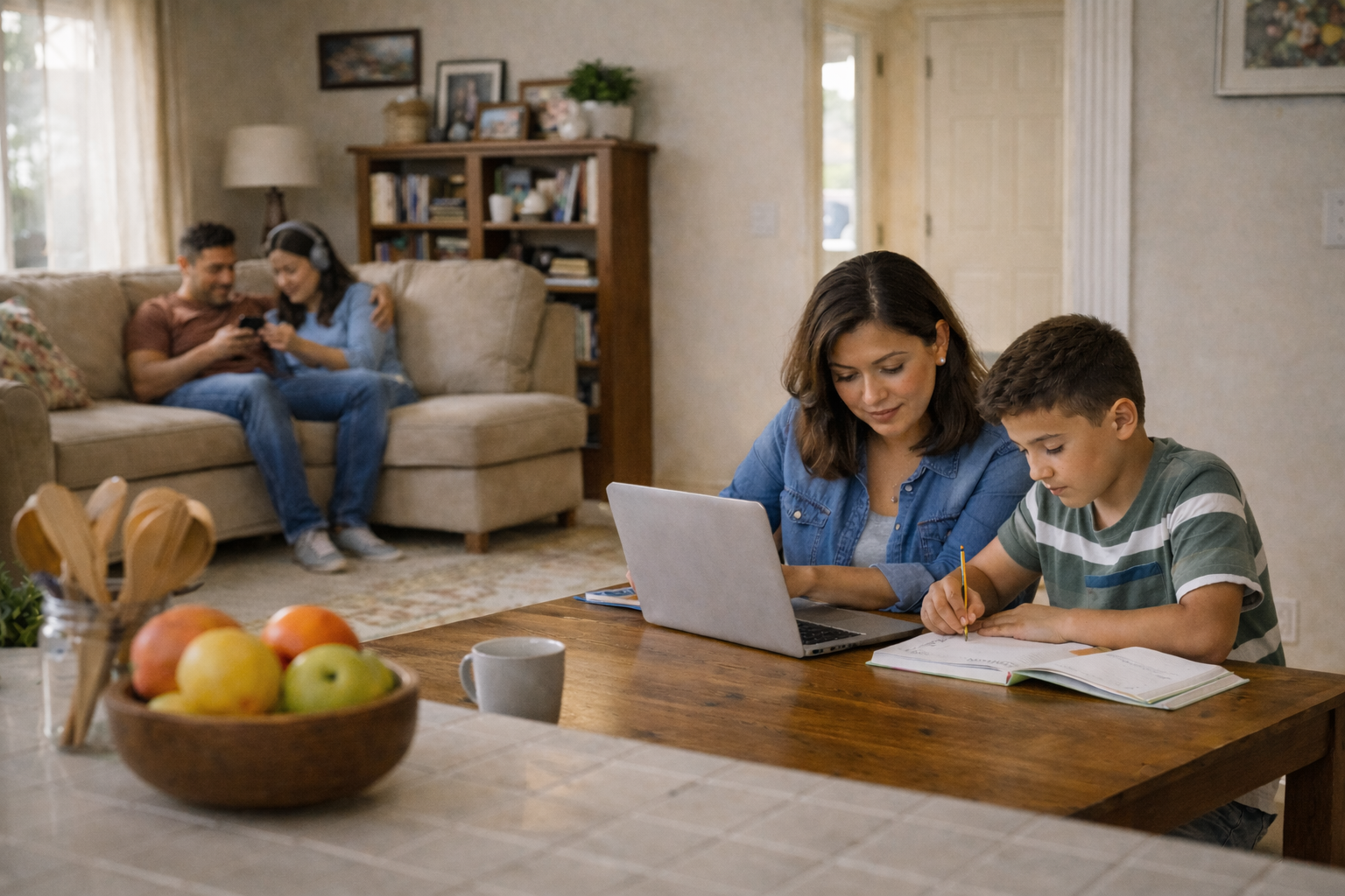 A mother and son studying at a dining table while a father and daughter relax together in a connected family home