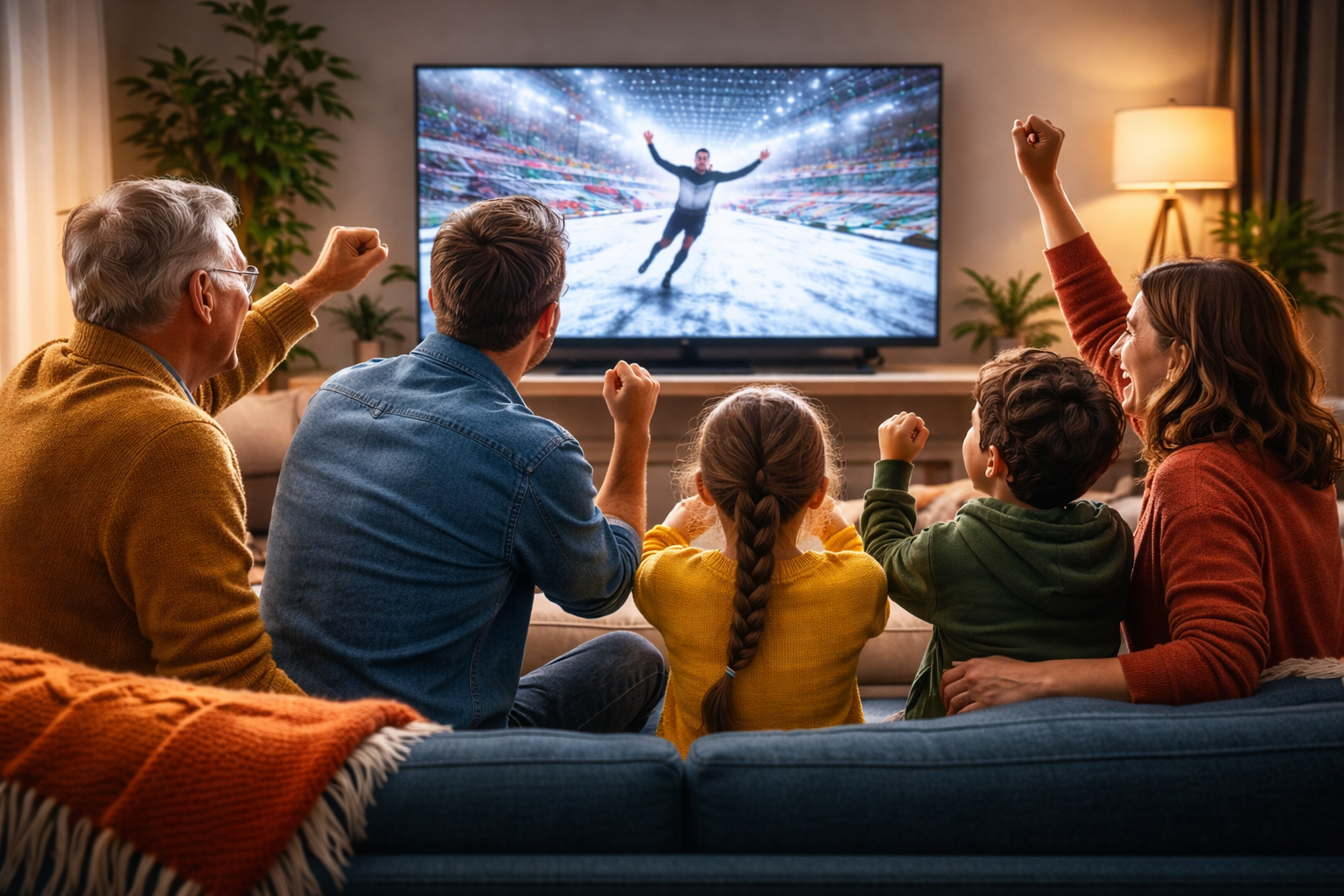 A family of five sits on a couch with their backs to the camera, cheering with raised fists as they watch a winter sports athlete celebrate a victory on a large TV.