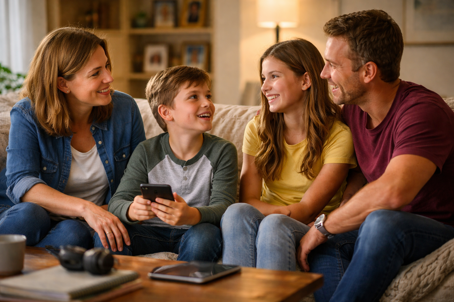 Family sitting together at home talking about online safety with devices nearby Family sitting together at home talking about online safety with devices nearby