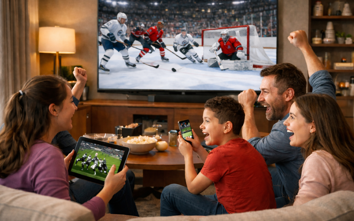 Family watching the winter games on their TV