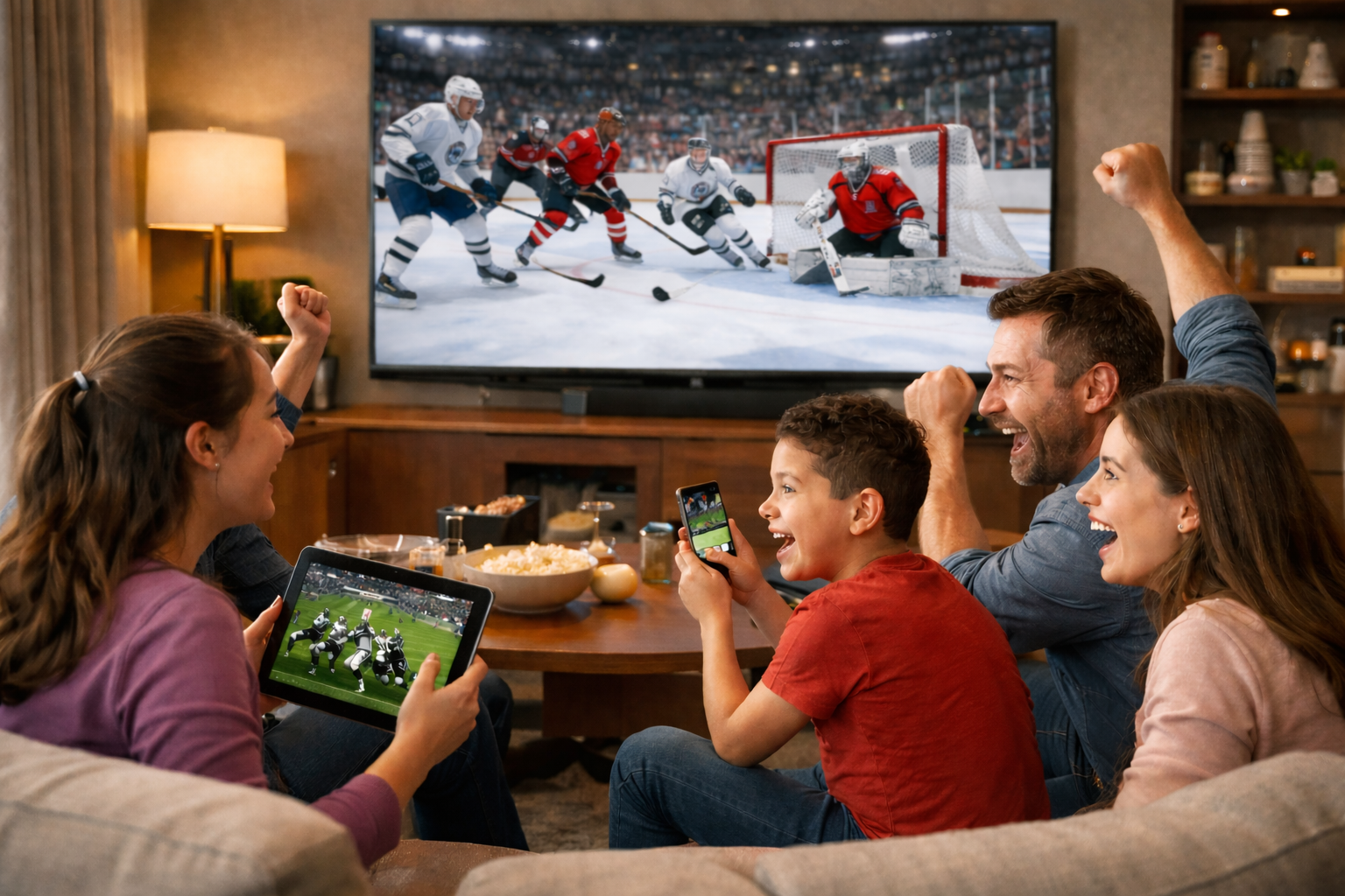 Family watching the winter games on their TV