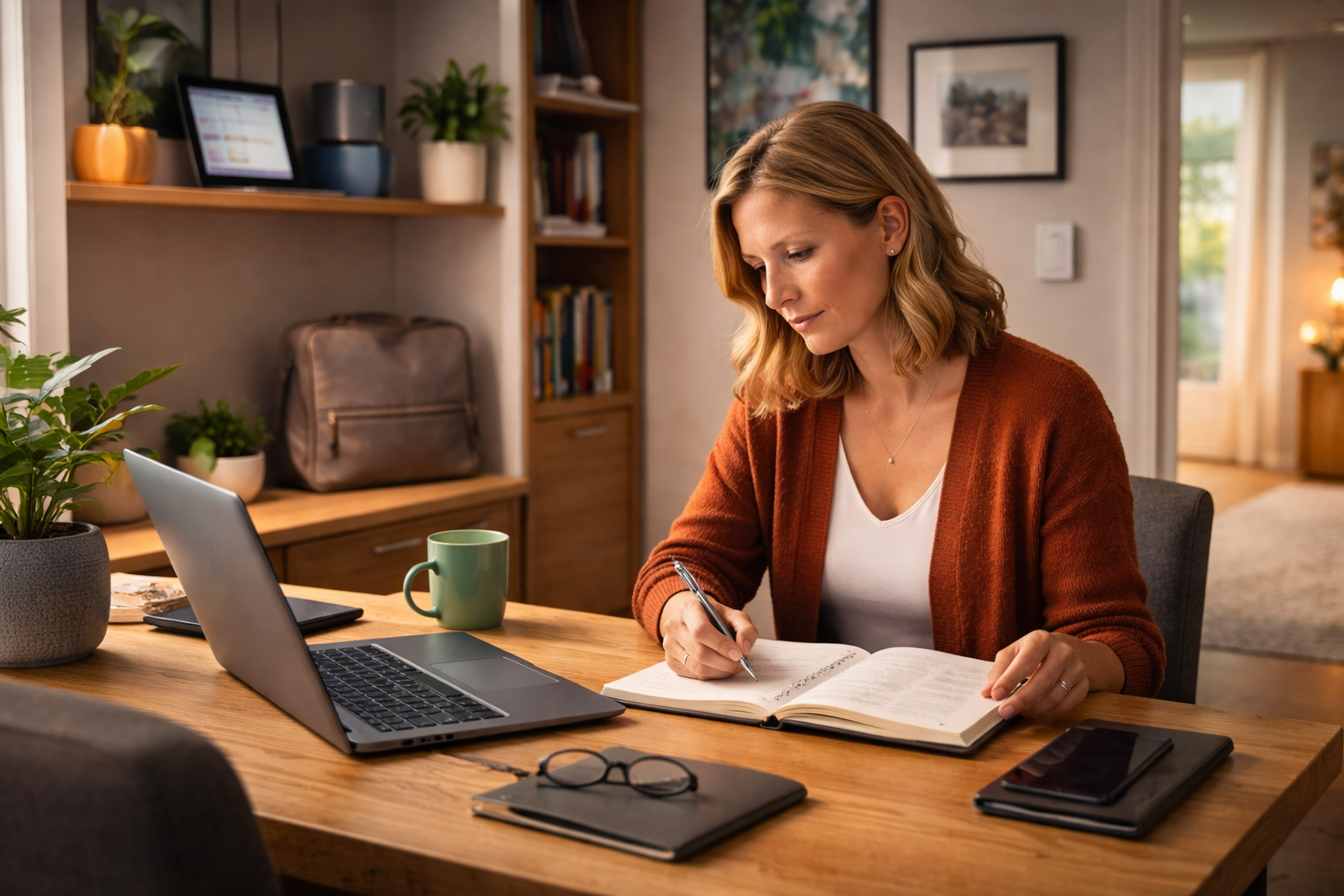 A woman working at a home office desk with a laptop and planner in a quiet, modern space.