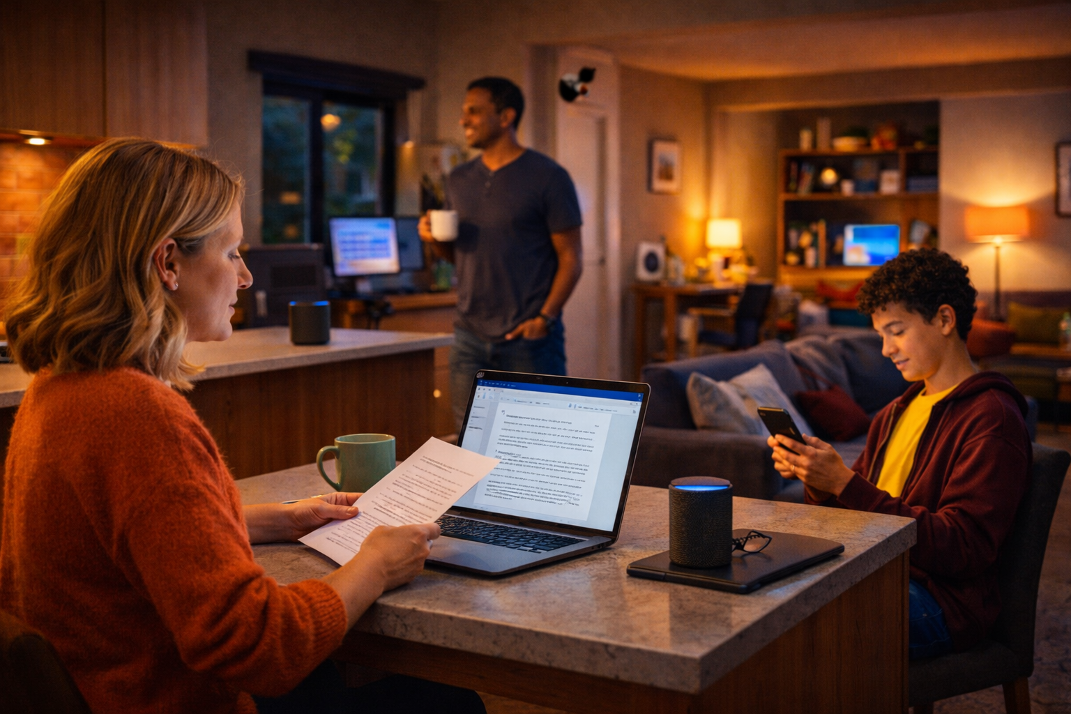 A family using connected devices at home with a smart speaker and laptop in a warmly lit living space.