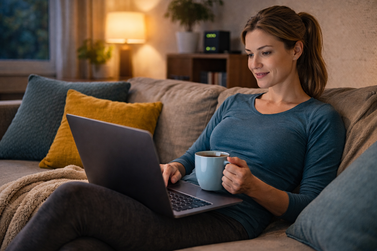 A woman relaxing on her couch while using a laptop at home with a calm, confident expression