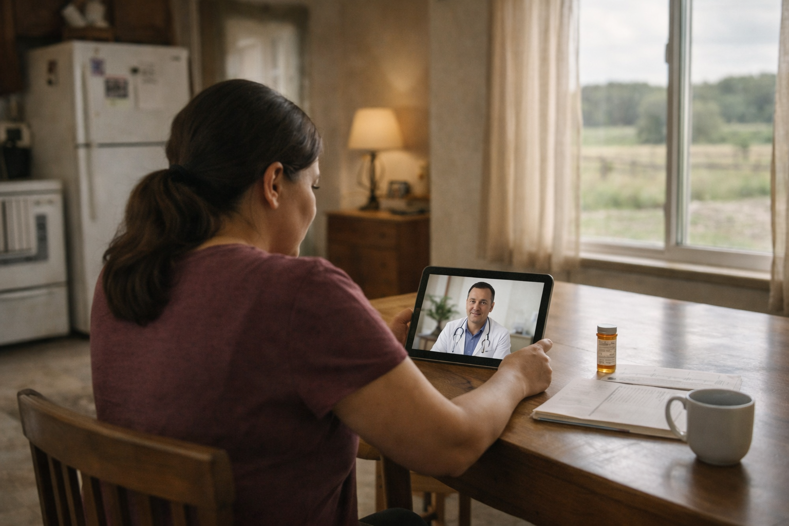 A person in a rural home using a tablet for a telehealth appointment at a dining table