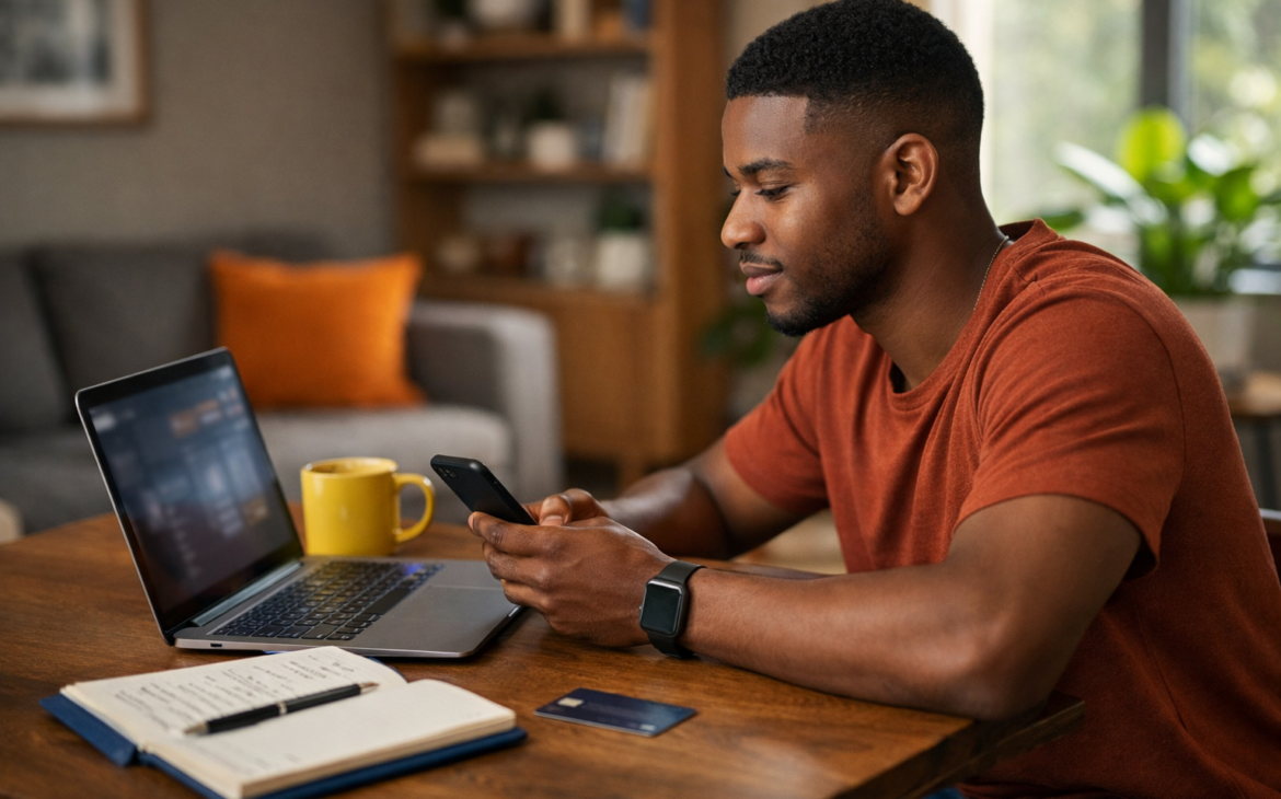 African American man reviewing digital subscriptions on a laptop and smartphone at home