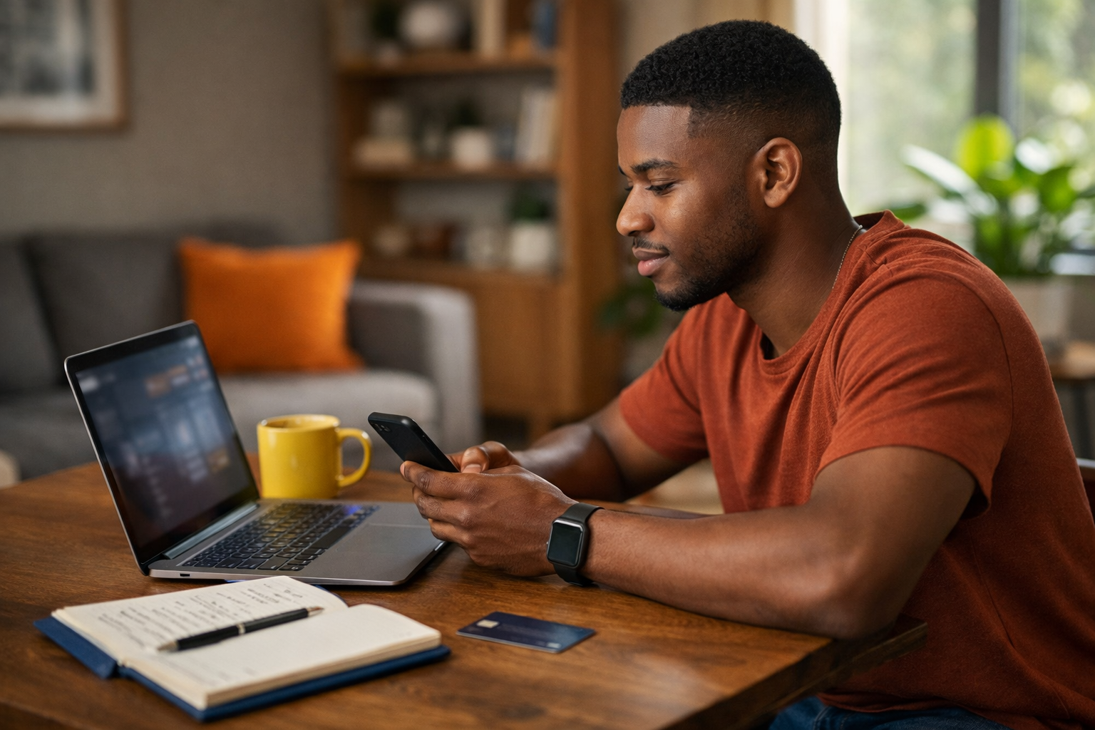 African American man reviewing digital subscriptions on a laptop and smartphone at home