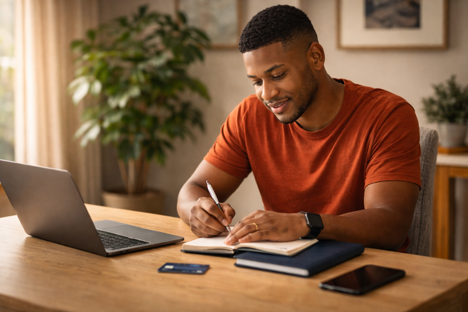 Man organizing personal finances and digital subscriptions at home