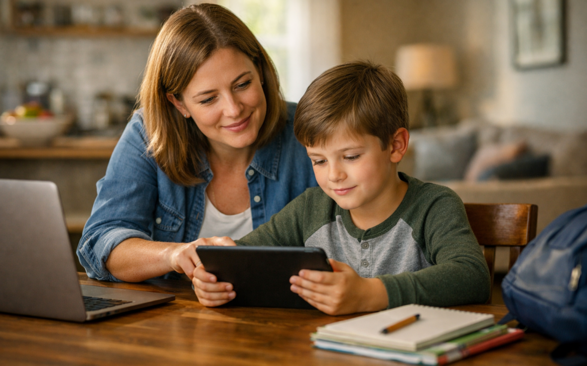 Parent sitting with a child at home, guiding them while they use a tablet safely on the internet