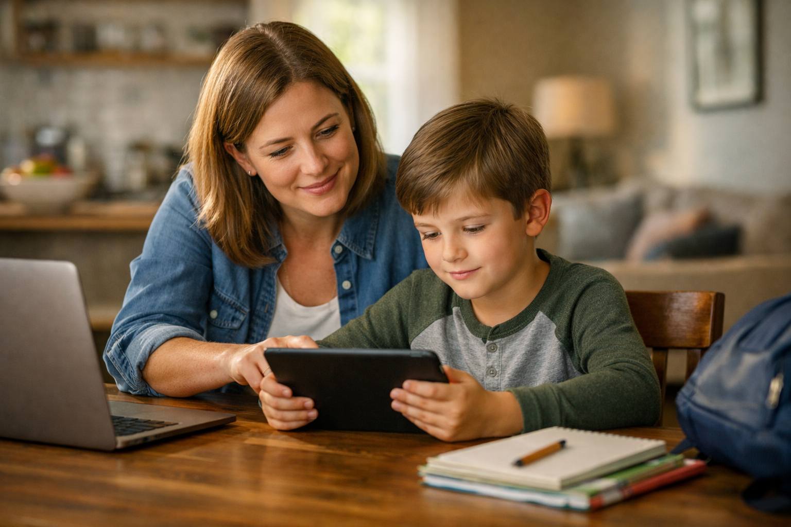 Parent sitting with a child at home, guiding them while they use a tablet safely on the internet