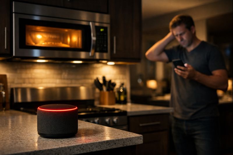 I man in the kitchen next to his microwave while his smart devices is offline showing a red light