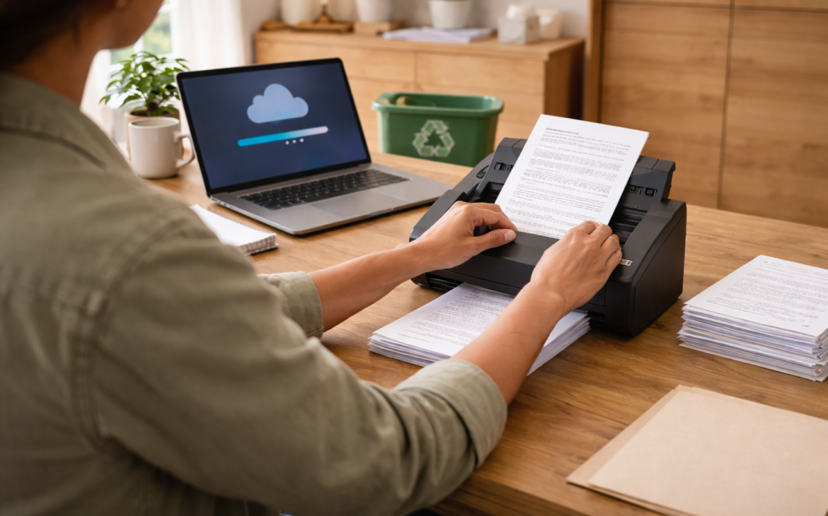 Over-the-shoulder view of a person scanning documents with an ADF scanner in a modern home office