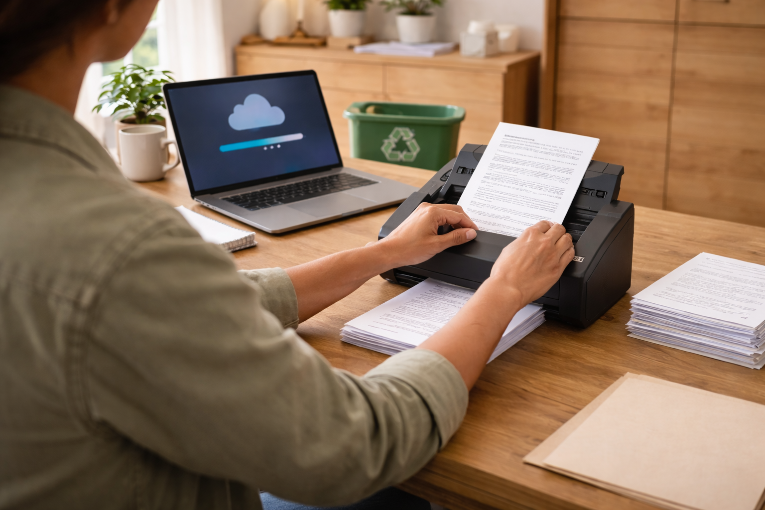 Over-the-shoulder view of a person scanning documents with an ADF scanner in a modern home office