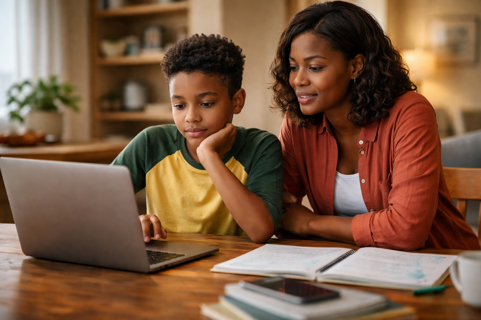 Parent guiding a child to think critically about online content while using a laptop at home Parent guiding a child to think critically about online content while using a laptop at home