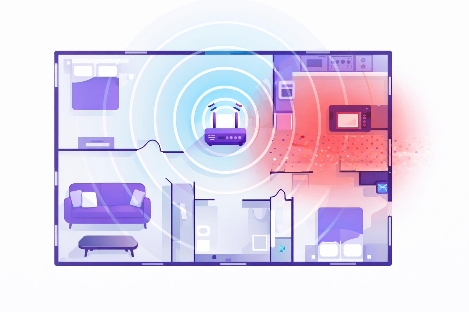 A floor plan diagram with the kitchen microwave showing a red zone