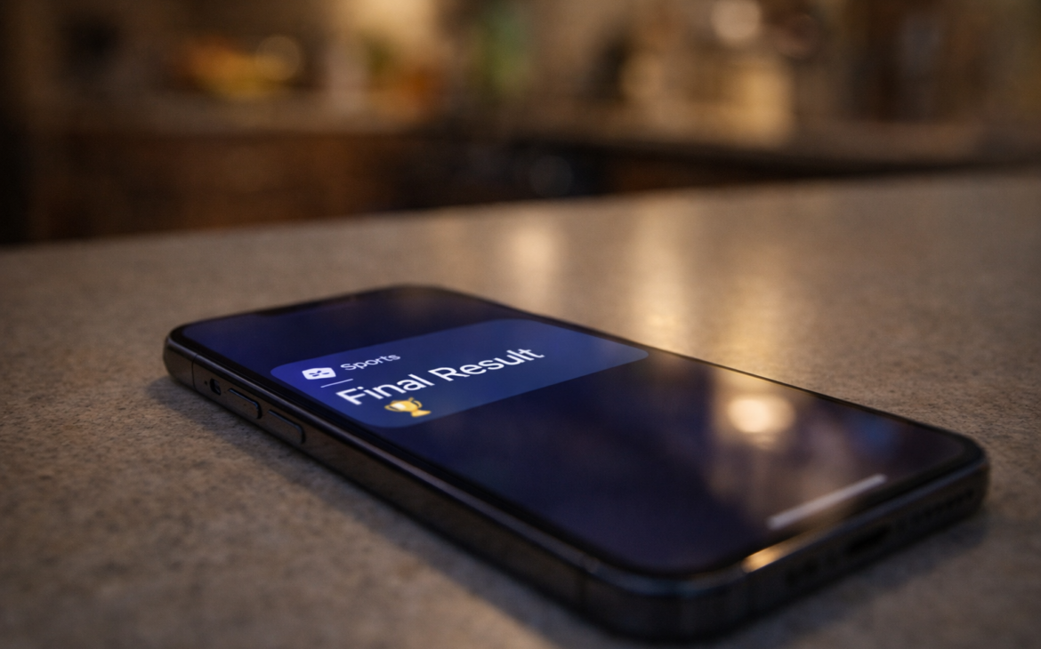 A close-up of a smartphone resting on a kitchen counter at night. The screen is lit up with a notification that reads "Final Result" next to a trophy icon.