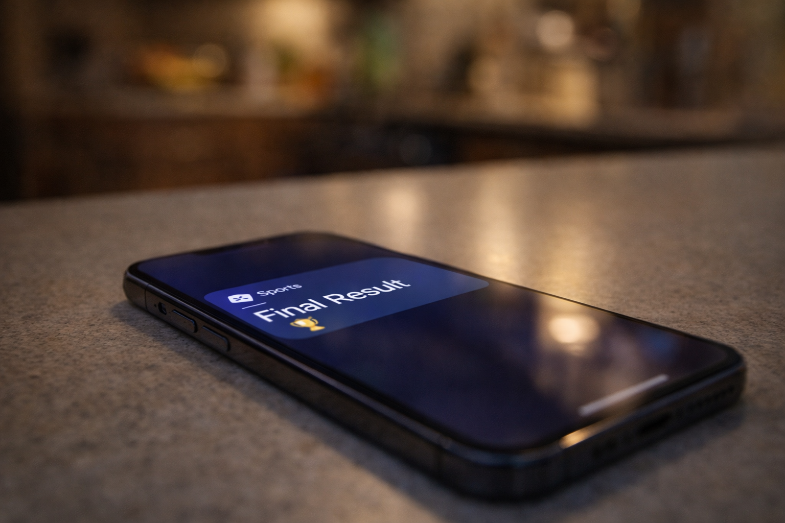 A close-up of a smartphone resting on a kitchen counter at night. The screen is lit up with a notification that reads "Final Result" next to a trophy icon.