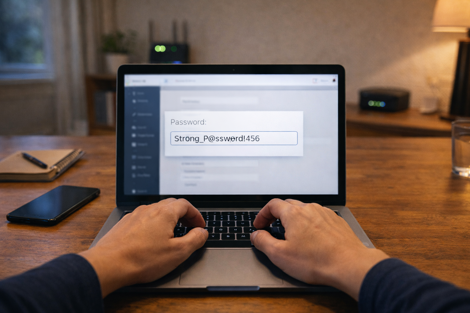 Hands typing a new password on a laptop in a home office while updating account security