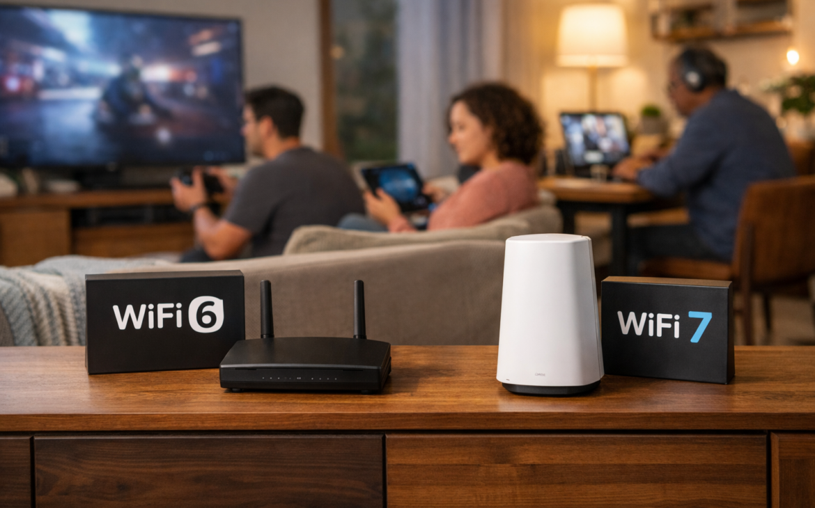 Side-by-side Wi-Fi 6 and Wi-Fi 7 routers on a living room console while multiple people use connected devices in the background, illustrating next-generation home Wi-Fi performance