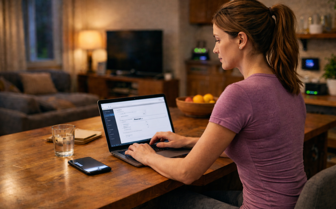 A woman at home updating her Wi-Fi network settings on a laptop at a kitchen island in the evening