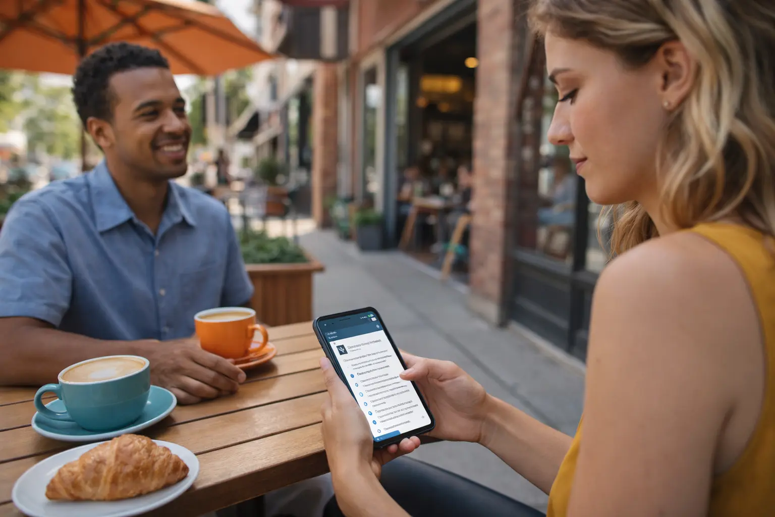 Woman discreetly checking an AI chat interface on her phone while sitting with another person at an outdoor café
