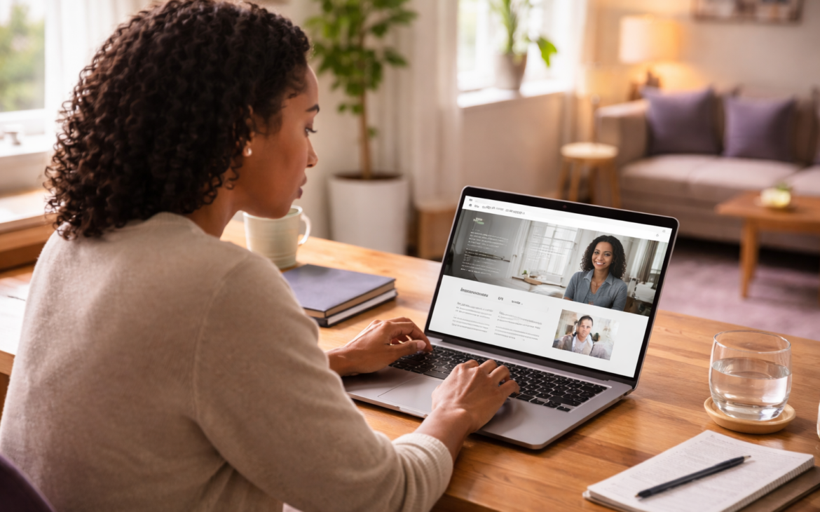 A professional reviewing their personal website on a laptop in a sunlit home office, reflecting on their digital presence