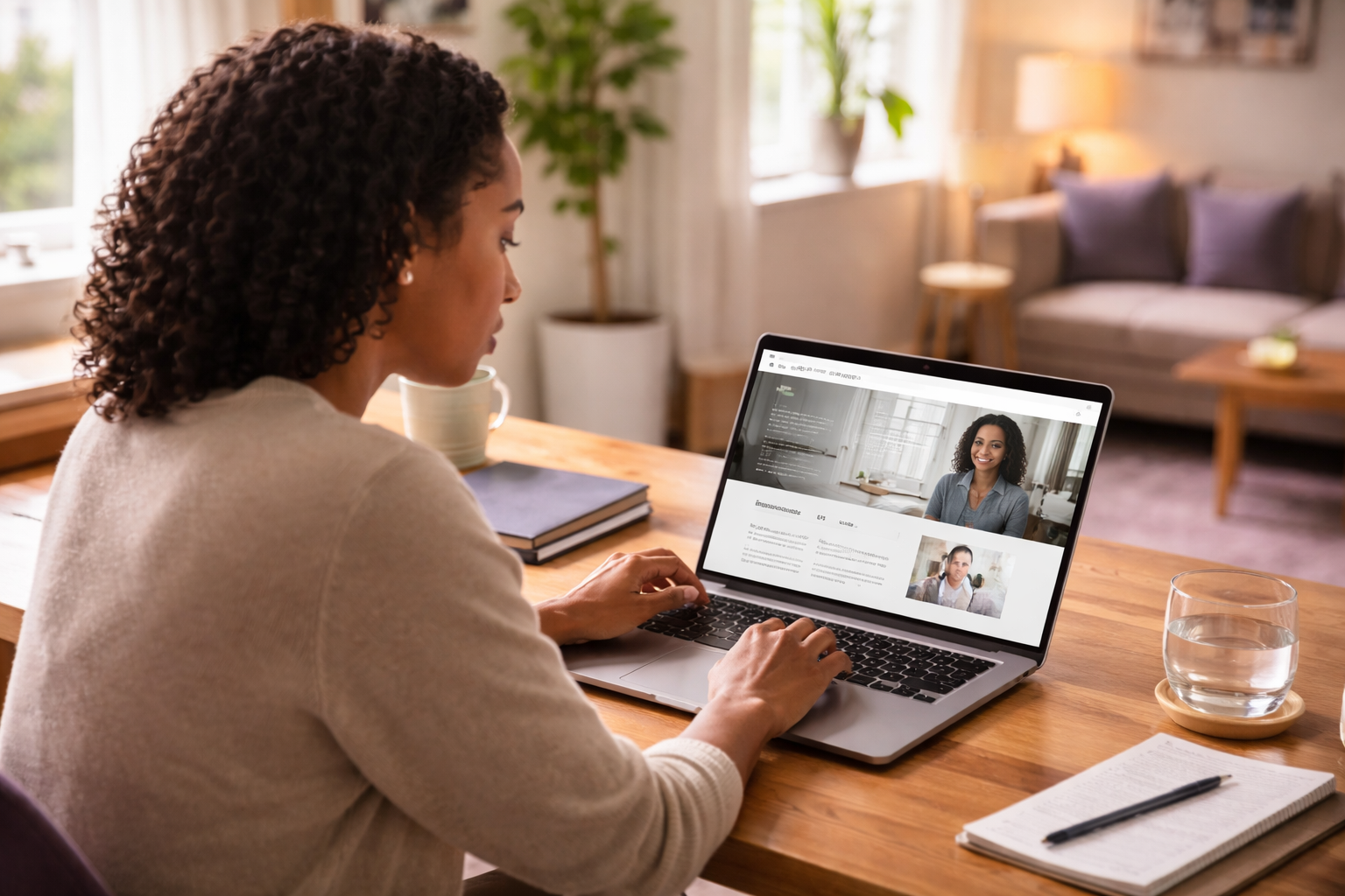 A professional reviewing their personal website on a laptop in a sunlit home office, reflecting on their digital presence