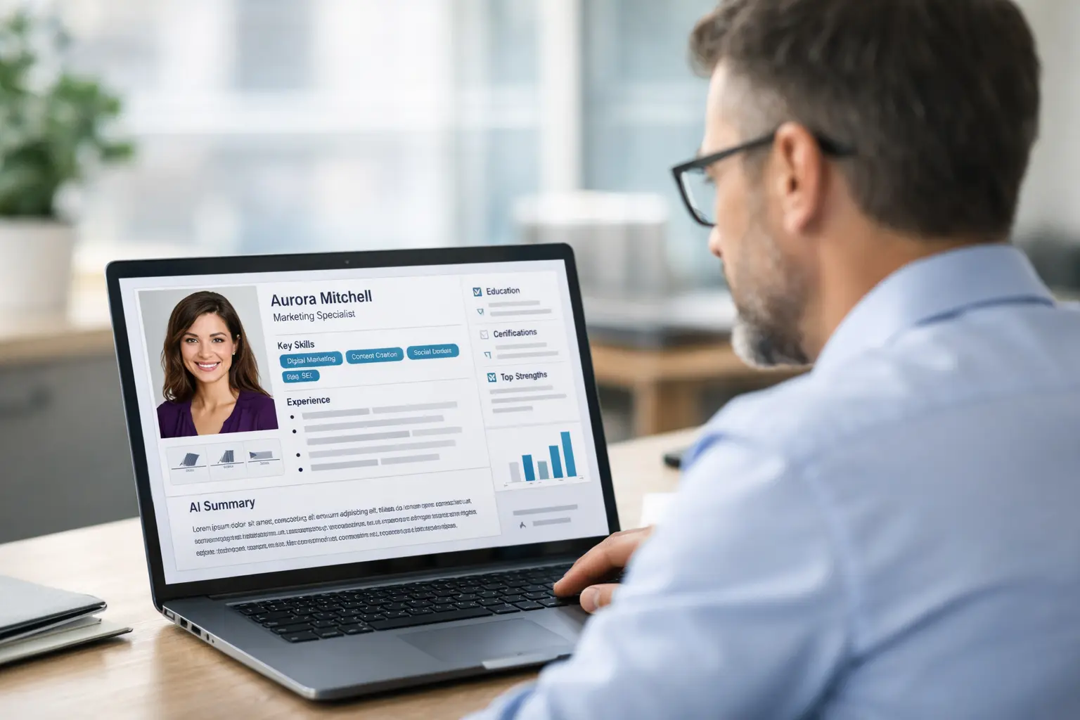 AI Recruiter Reviewing Candidate Profile on Laptop