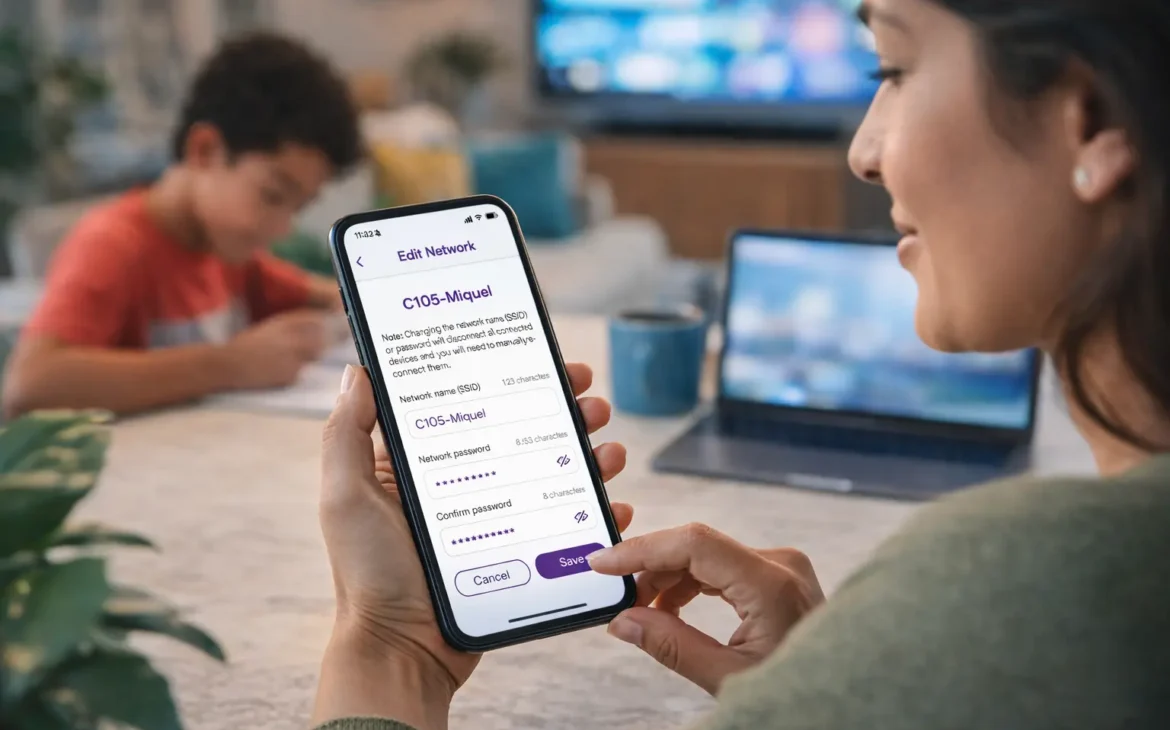 Woman updating her Quantum Fiber Wi-Fi network name and password in the mobile app while her child studies at home in the background.