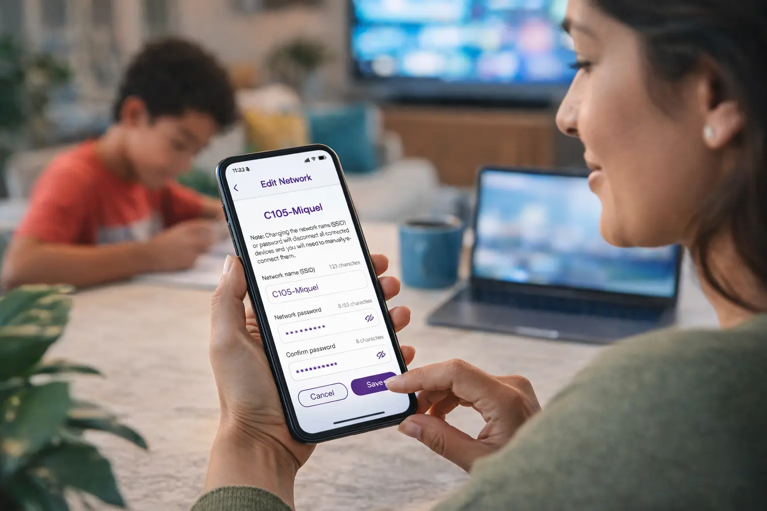 Woman updating her Quantum Fiber WiFi network name and password in the mobile app while her child studies at home in the background.