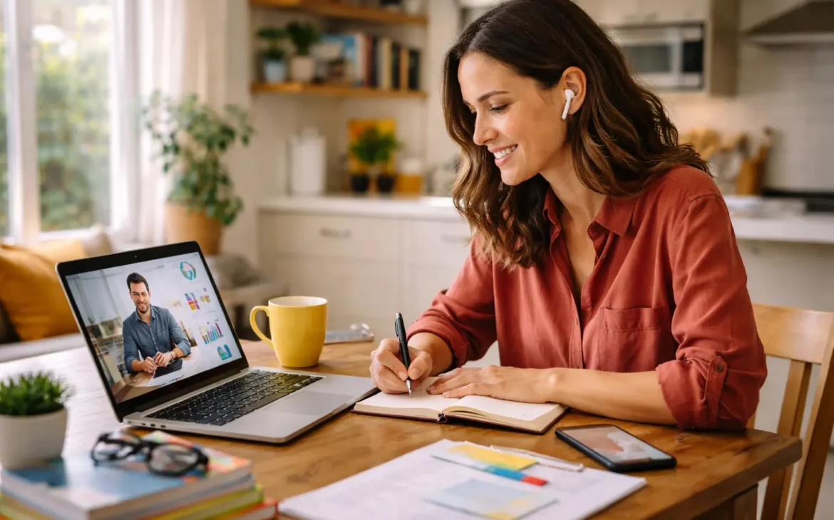 Adult learning digital skills and AI tools online at home