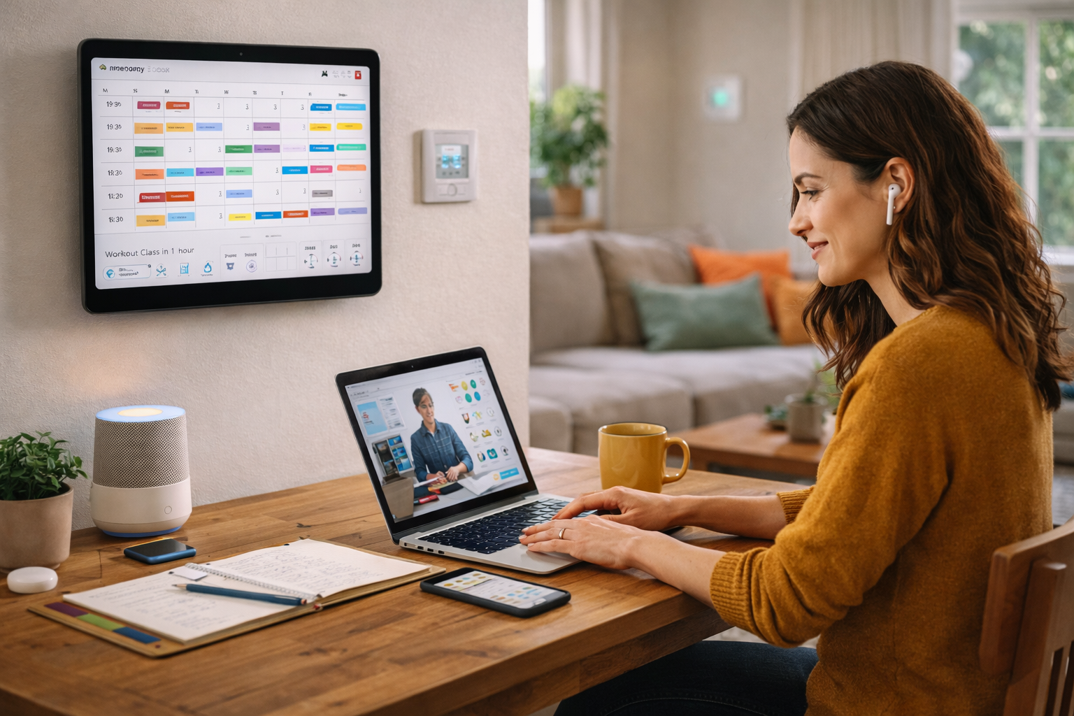 Adult using a laptop at home with a smart wall calendar and smart home devices to manage tasks and learn digital skills