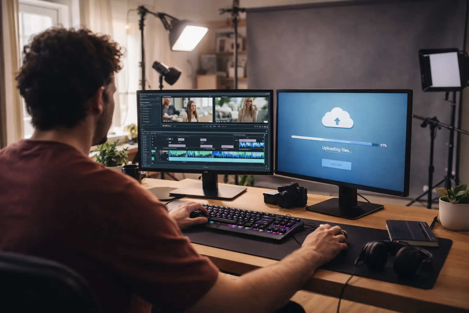 Person wearing headphones playing an online game on a computer in a dim room with purple lighting