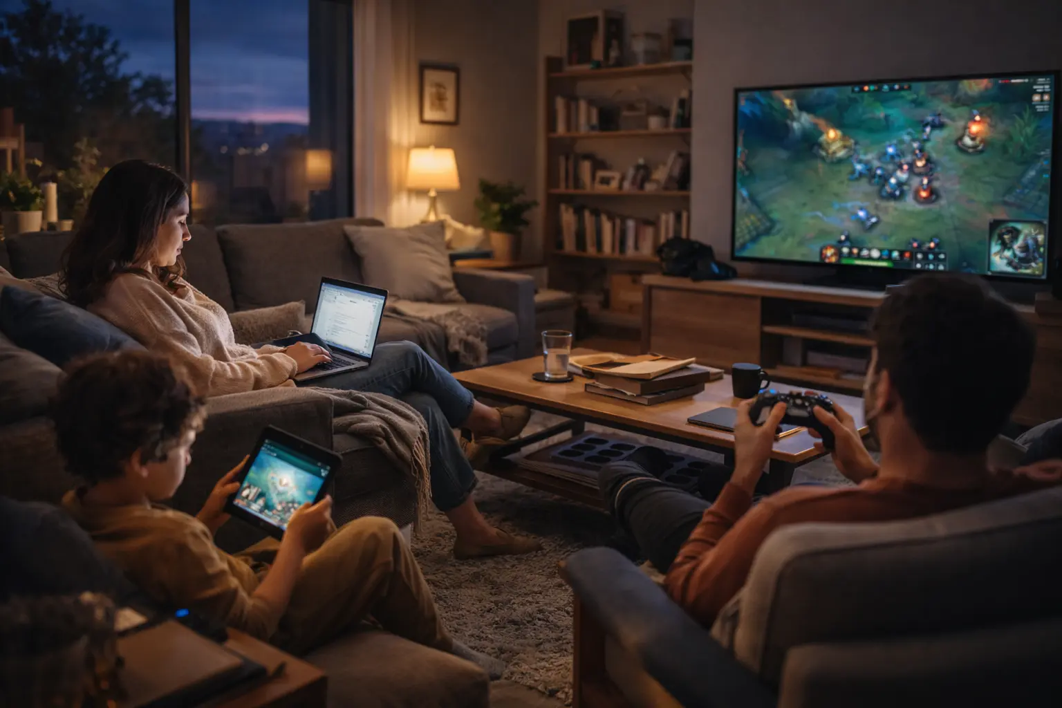 Family relaxing in a living room using a tablet, laptop, and TV game console at the same time