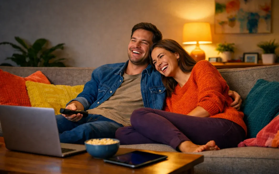 Young couple laughing on a sofa while streaming a movie at home with laptop and tablet nearby, enjoying unlimited high-speed internet.