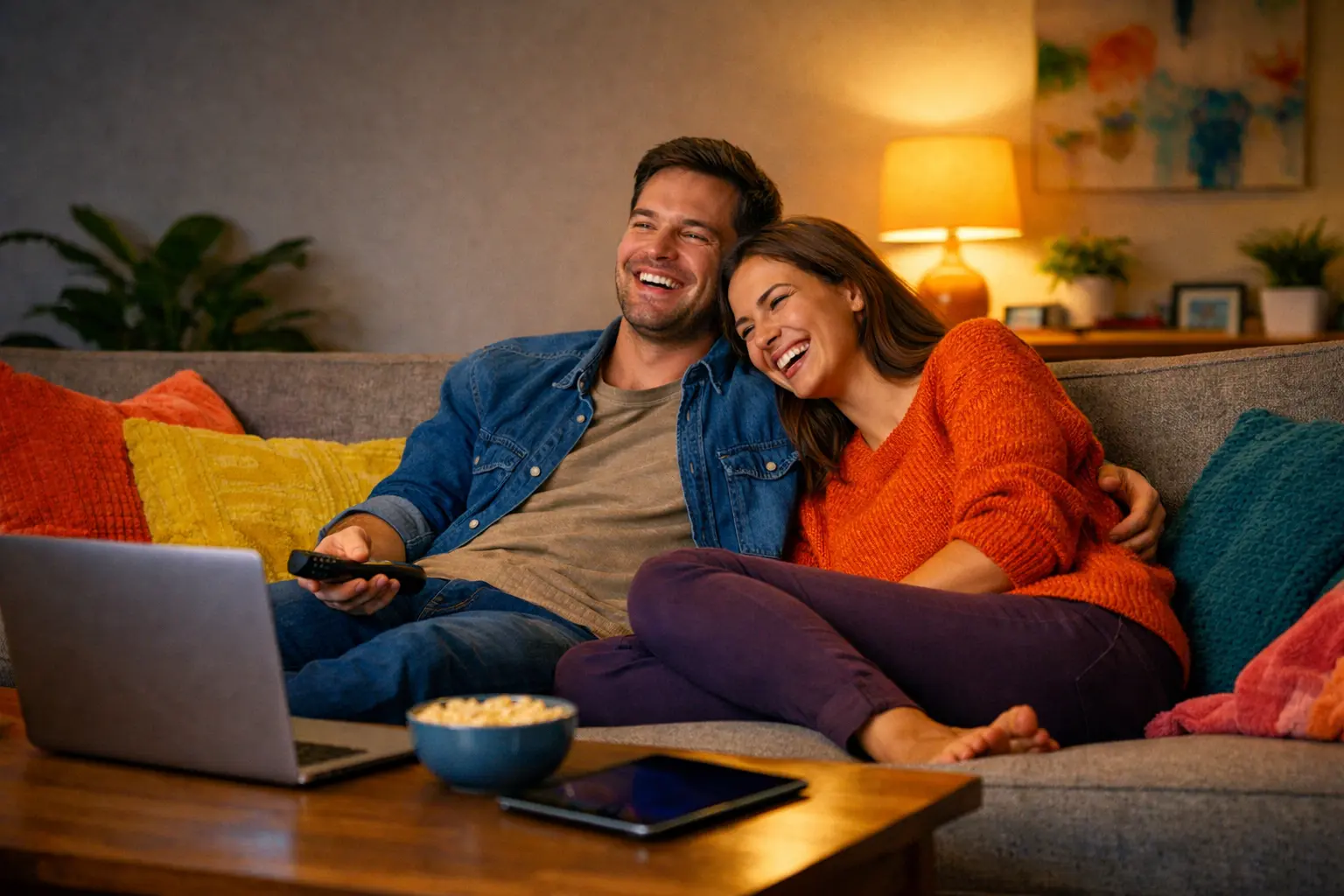Young couple laughing on a sofa while streaming a movie at home with laptop and tablet nearby, enjoying unlimited high-speed internet.