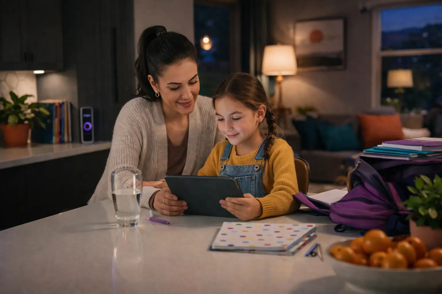 Parent helping child use internet safely with parental controls at home