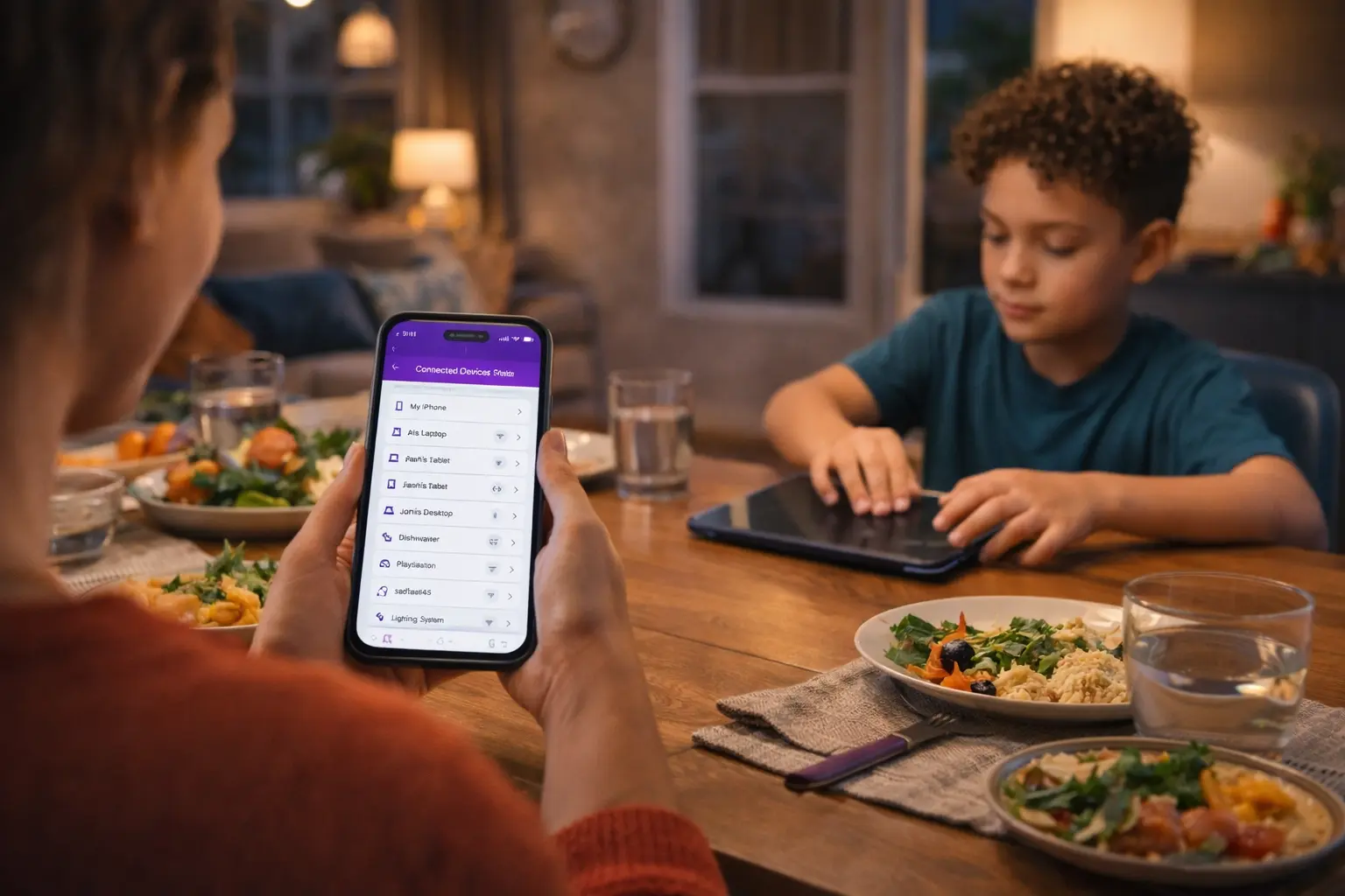 Parent using smartphone parental control app to manage connected devices while child sets down tablet at dinner table to follow screen time schedule