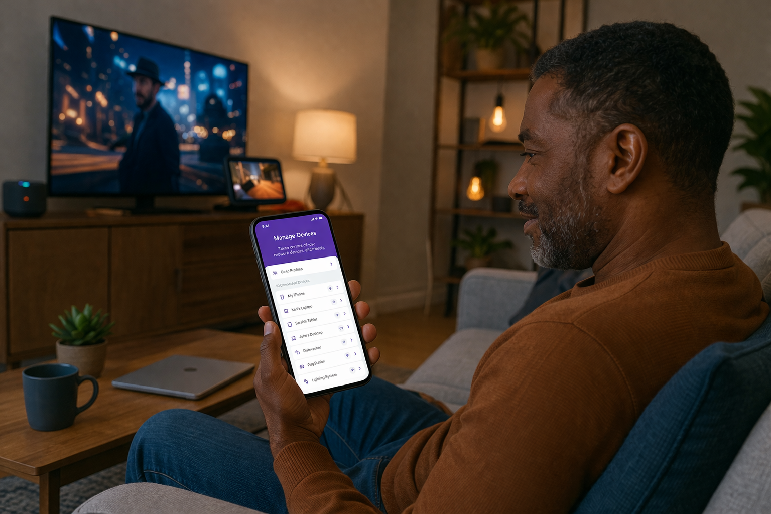 African American man using a smartphone to manage connected devices on a home WiFi network in a modern living room
