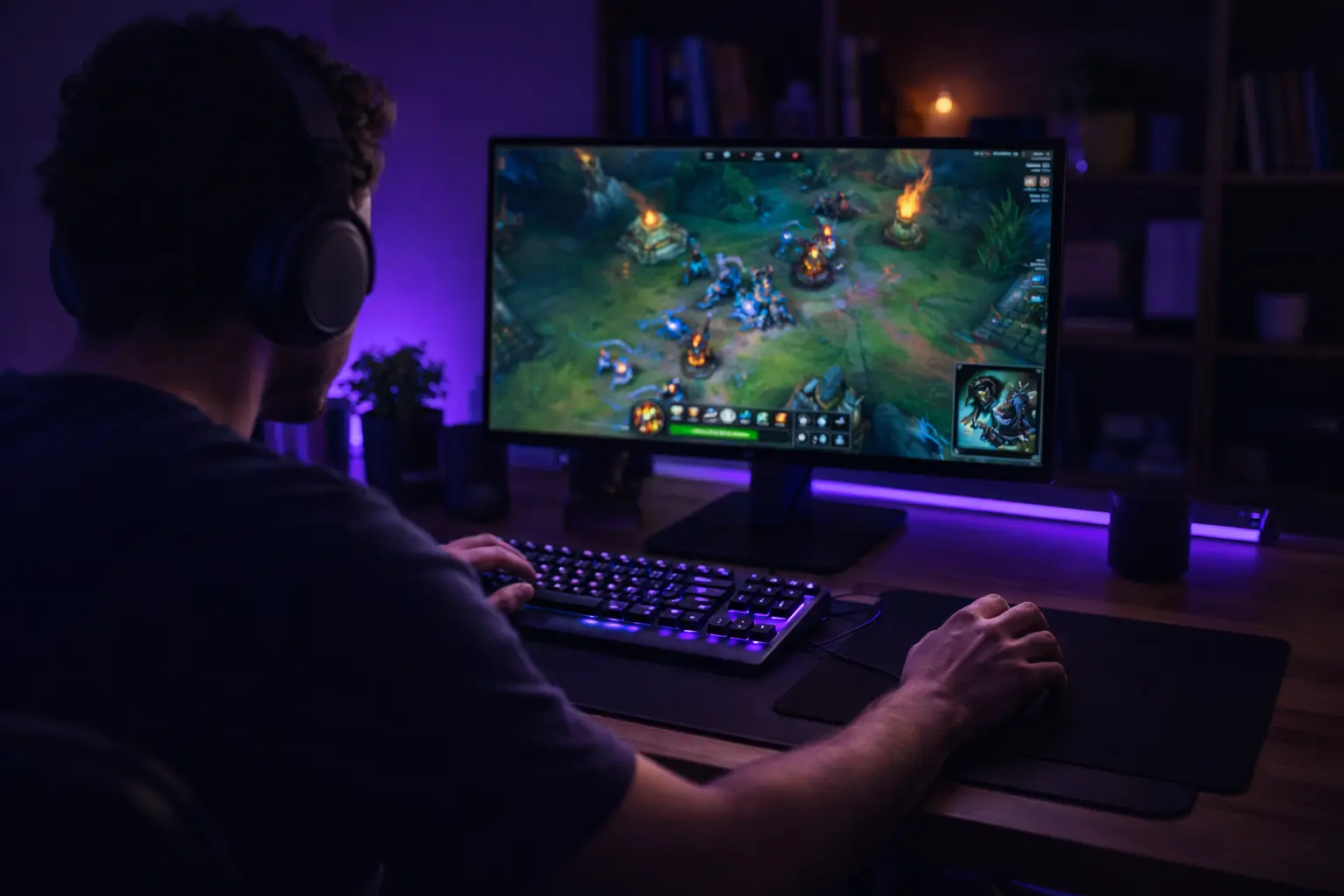 Person wearing headphones playing an online game on a computer in a dim room with purple lighting
