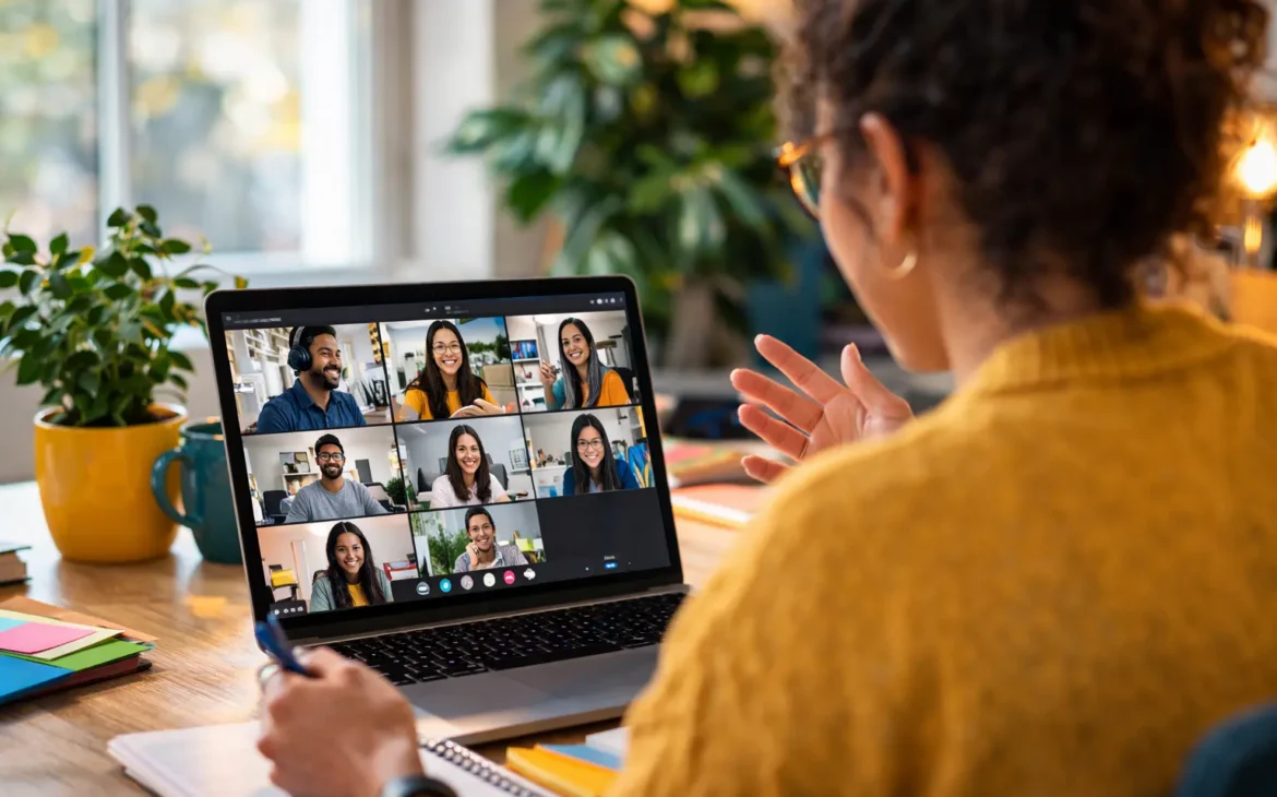 Person joining a video call on a laptop in a bright home office workspace